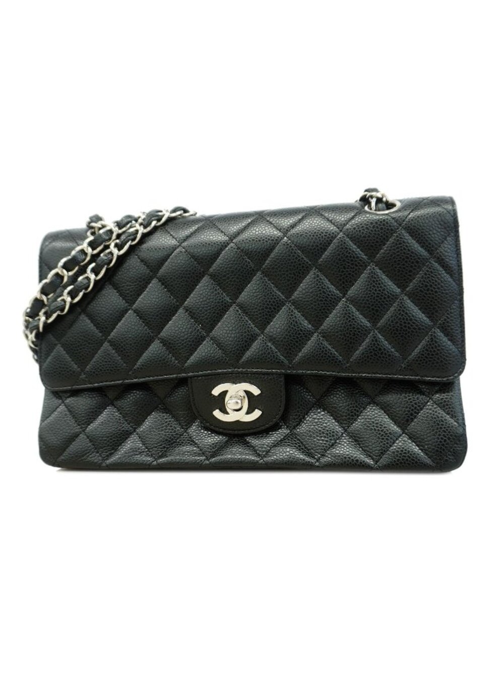 Chanel Shoulder Bag Quilted Caviar Leather Black Silver